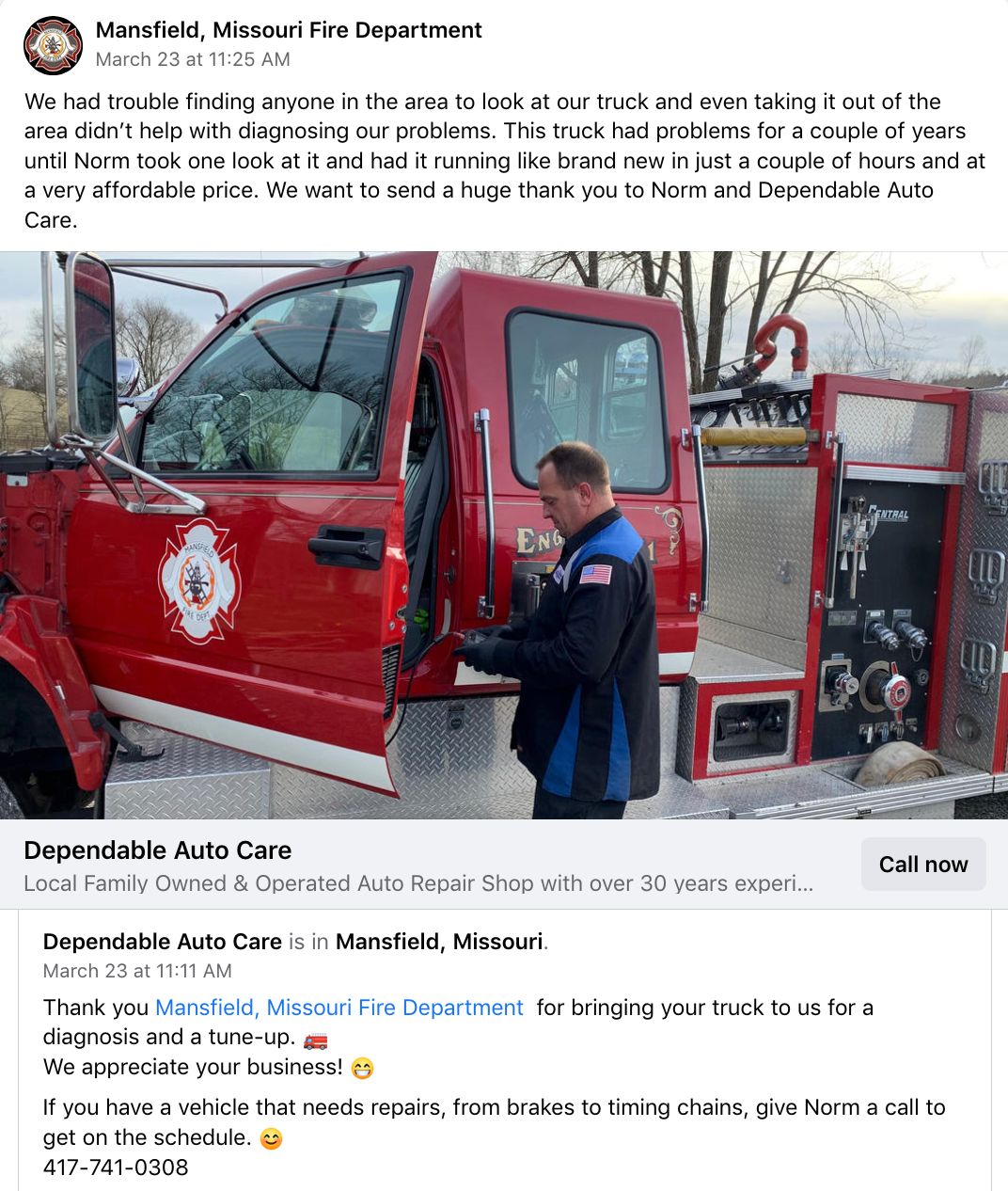 Mansfield, Missouri Fire Department Review for Dependable Auto Care Mansfield, MO
